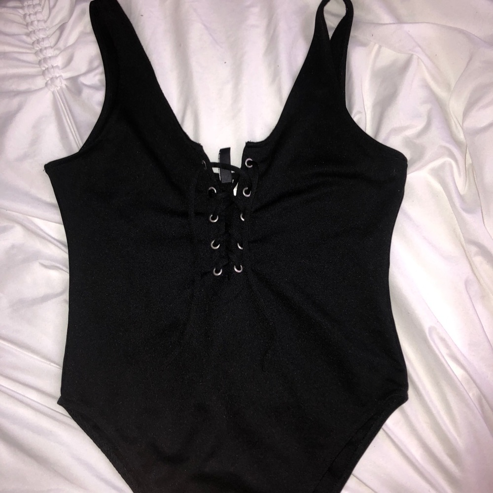 Black tie-up front body suit